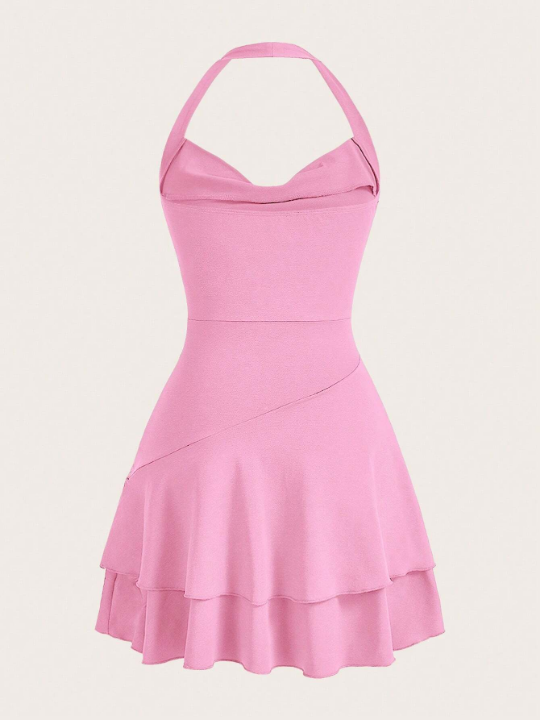 MOD Summer Going Out Pink Women's Draped Front Ruffle Hem Halter Neck Backless Dress