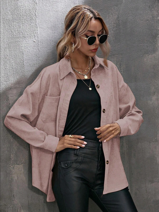 LUNE Drop Shoulder Pocket Patched Button Front Corduroy Shirt