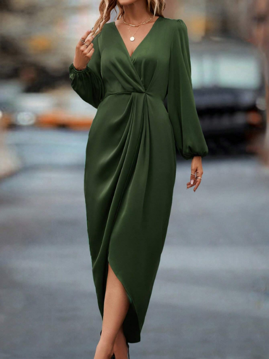 Frenchy Lantern Sleeve Twist Front Wrap Hem Dress