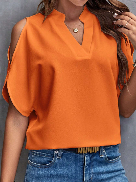 Clasi Solid Notched Neck Cold Shoulder Blouse Off Shoulder Top