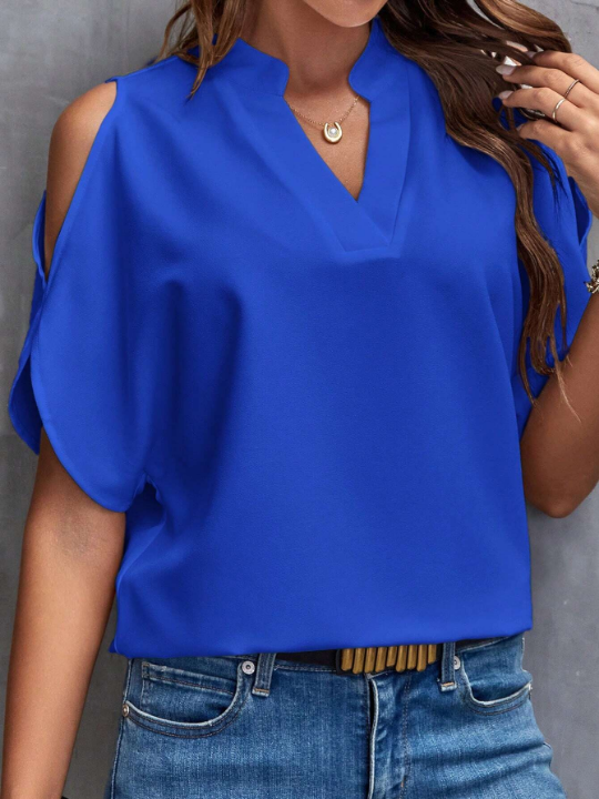 Clasi Solid Cold Shoulder Batwing Sleeve Popover Blouse