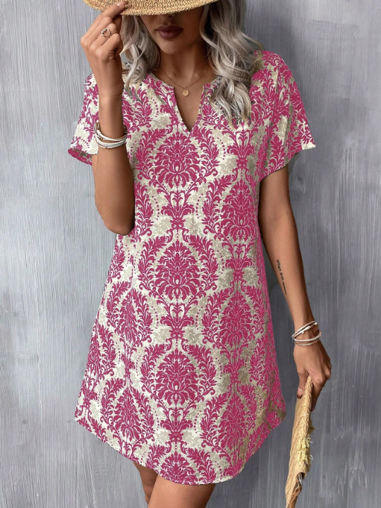 LUNE Summer Allover Print Notched Neck Batwing Sleeve Tunic Dress