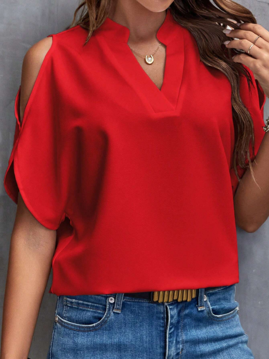 Clasi Notched Neckline Cold Shoulder Blouse