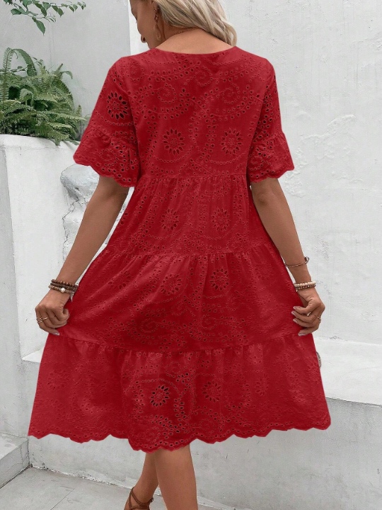 VCAY Solid Ruffle Hem Schiffy Smock Dress