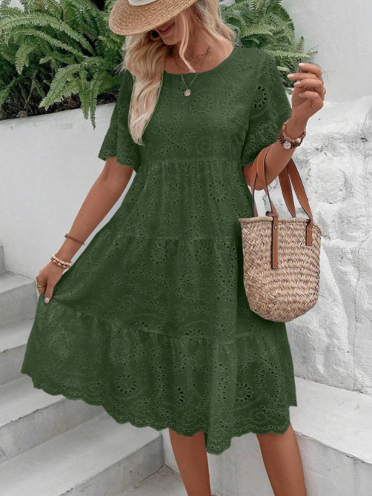 VCAY Eyelet Embroidery Ruffle Hem Smock Dress