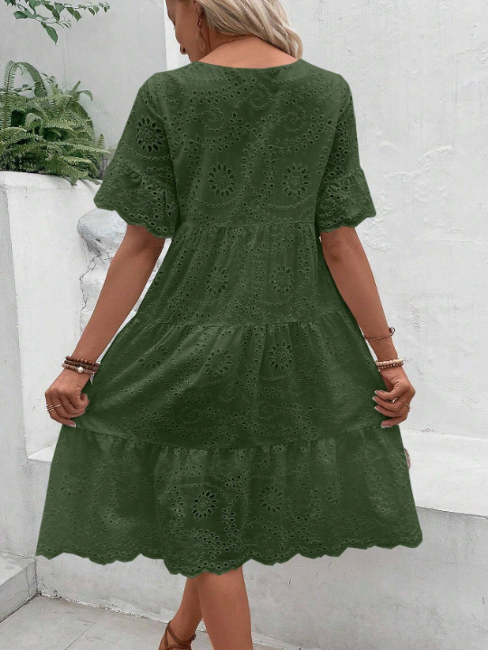 VCAY Eyelet Embroidery Ruffle Hem Smock Dress