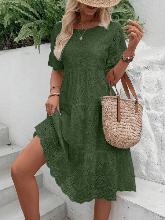 VCAY Eyelet Embroidery Ruffle Hem Smock Dress