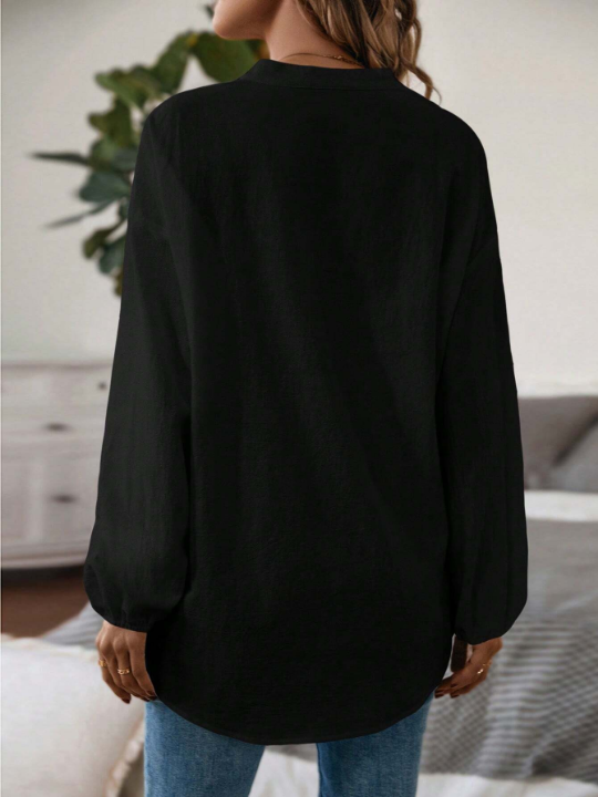 Essnce Notched Neckline Lantern Sleeve Blouse