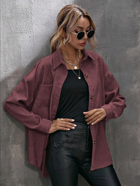 LUNE Drop Shoulder Pocket Patched Button Front Corduroy Shirt
