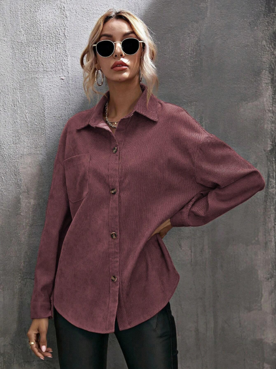 LUNE Drop Shoulder Pocket Patched Button Front Corduroy Shirt