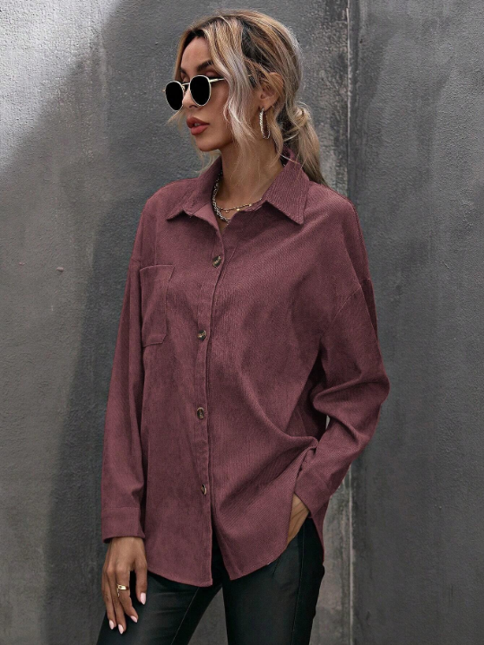 LUNE Drop Shoulder Pocket Patched Button Front Corduroy Shirt