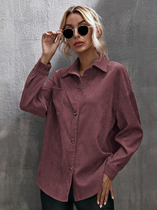 LUNE Drop Shoulder Pocket Patched Button Front Corduroy Shirt