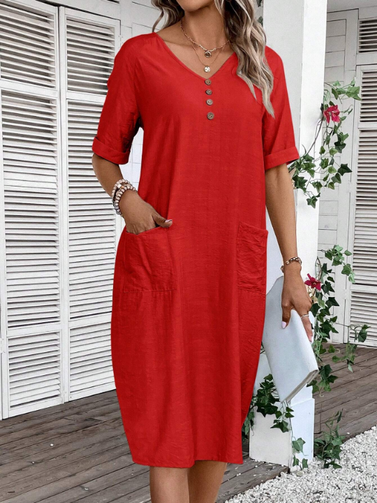 LUNE Solid Button Front Dual Pocket Tunic Dress