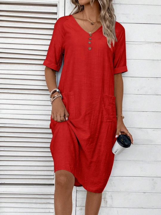 LUNE Solid Button Front Dual Pocket Tunic Dress