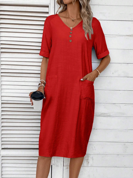 LUNE Solid Button Front Dual Pocket Tunic Dress