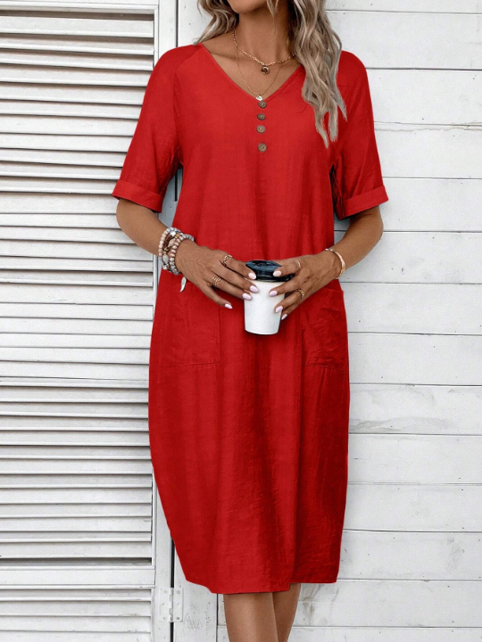 LUNE Solid Button Front Dual Pocket Tunic Dress