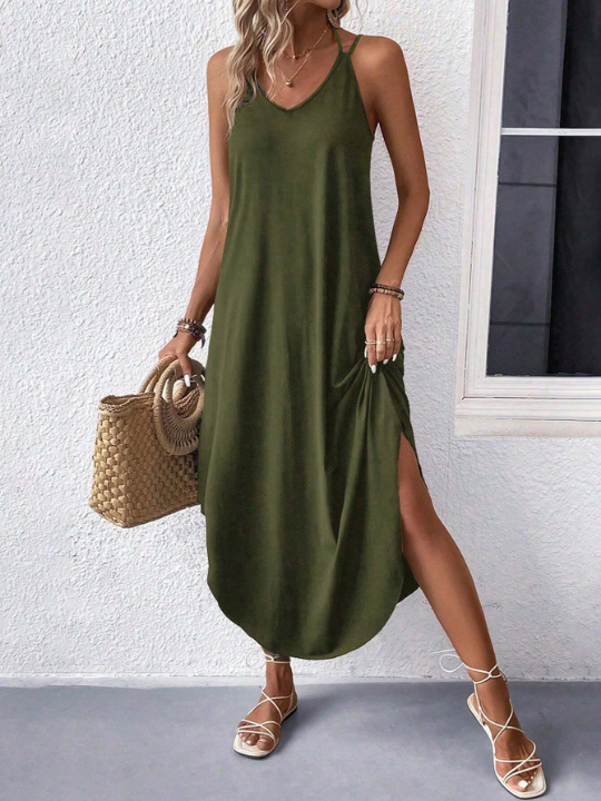 Solid Curved Hem Cami Dress