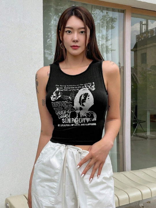 DAZY Slogan Graphic Crop Tank Top