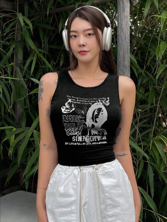 DAZY Slogan Graphic Crop Tank Top