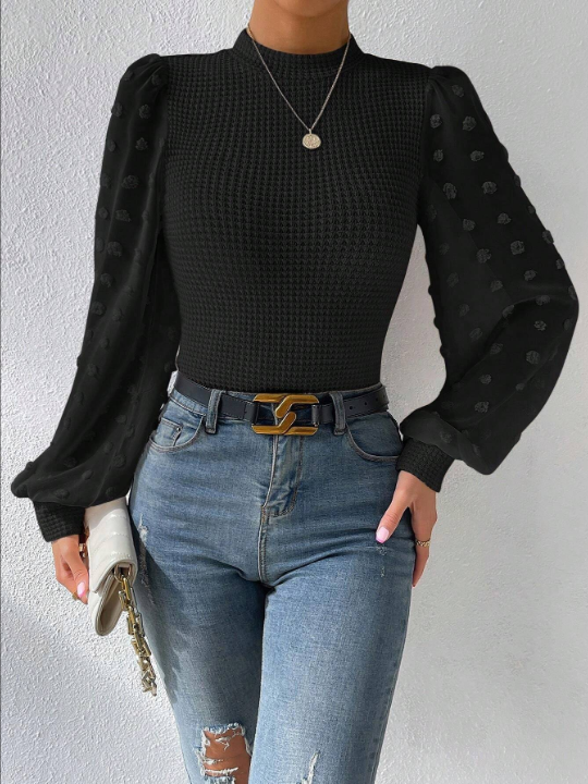 Privé Swiss Dot Lantern Sleeve Mock Neck Top