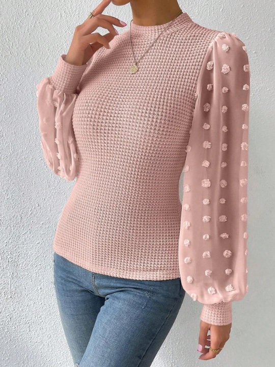 Privé Swiss Dot Lantern Sleeve Mock Neck Waffle Knit Top