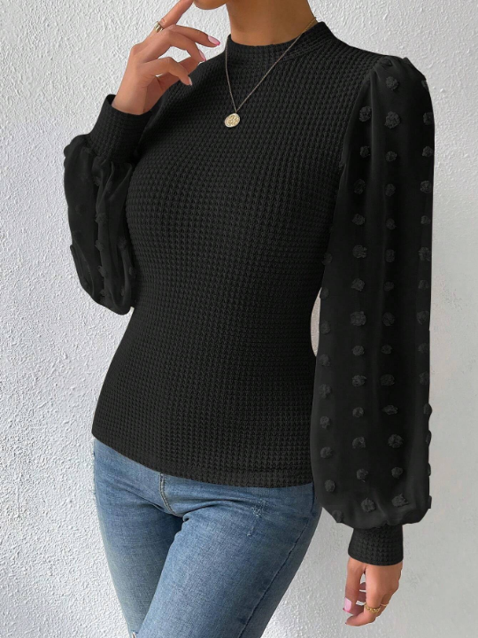 Privé Swiss Dot Lantern Sleeve Mock Neck Top