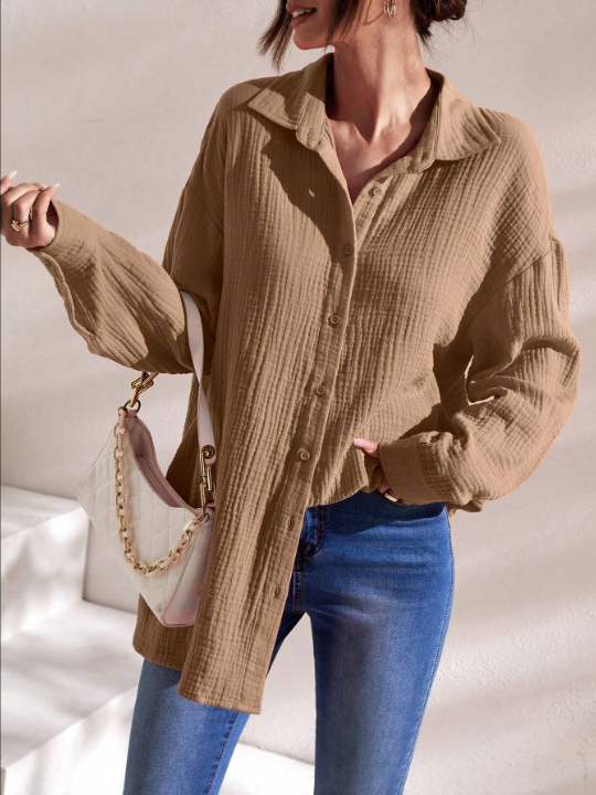 Frenchy Drop Shoulder Button Front Shirt
