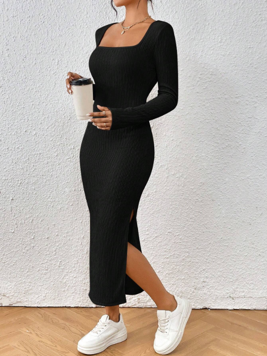 Frenchy Square Neck Split Thigh Bodycon Dress