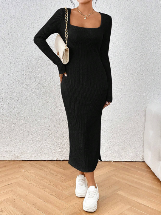 Frenchy Square Neck Split Thigh Bodycon Dress