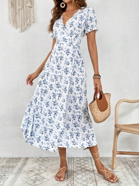 VCAY Floral Print Puff Sleeve A-line Dress