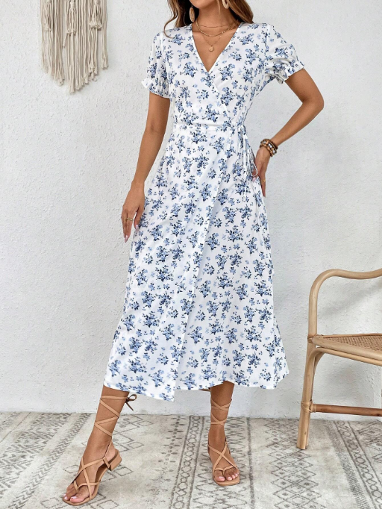 VCAY Floral Print Puff Sleeve A-line Dress