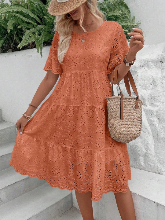 VCAY Eyelet Embroidery Ruffle Hem Smock Dress