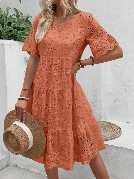 VCAY Eyelet Embroidery Ruffle Hem Smock Dress