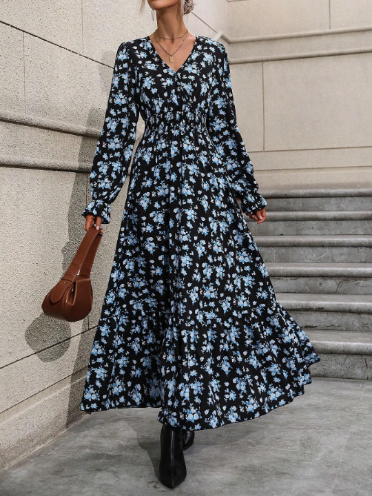 Frenchy Floral Print Flounce Sleeve Ruffle Hem Dress