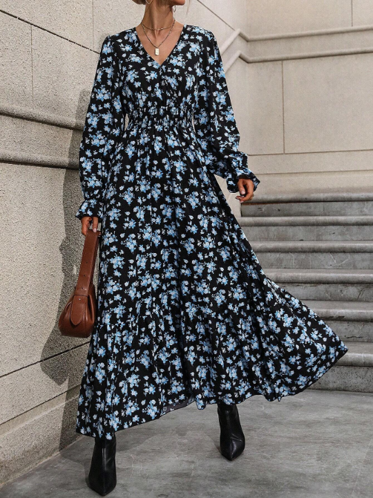 Frenchy Floral Print Flounce Sleeve Ruffle Hem Dress