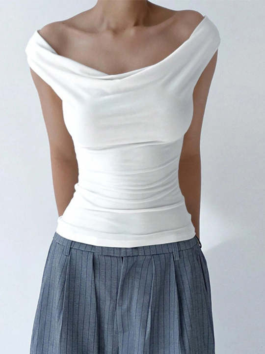 Solid Off Shoulder Ruched Tee