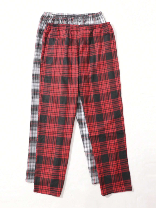 Men 2pcs Plaid Print Elastic Waist Sleep Pants