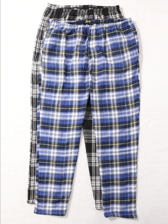 Men 2pcs Plaid Print Elastic Waist Sleep Pants