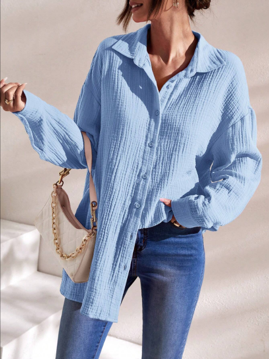 Frenchy Solid Drop Shoulder Button Front Shirt