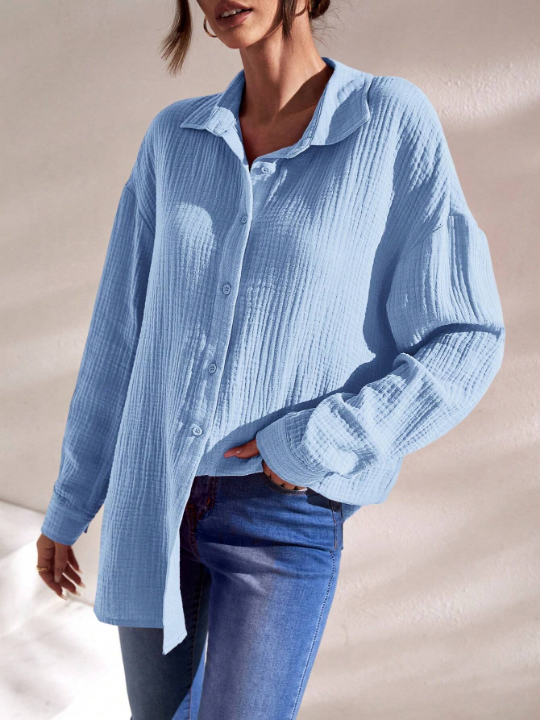 Frenchy Solid Drop Shoulder Button Front Shirt