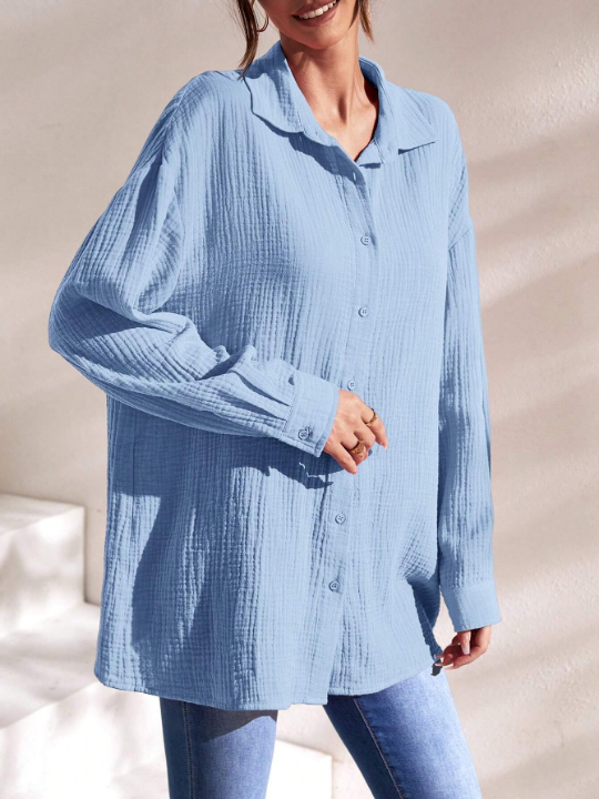 Frenchy Solid Drop Shoulder Button Front Shirt