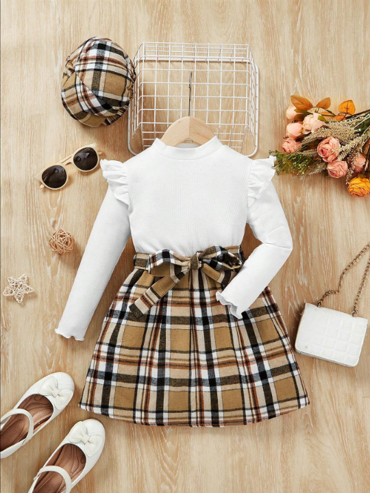 SHEIN Young Girl Plaid Print Ruffle Trim Belted Dress & Hat