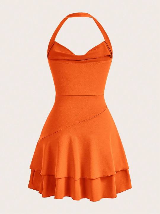 MOD Draped Front Ruffle Hem Halter Neck Backless Halter Neck Tie Backless Ruched Ruffle Hem Dress