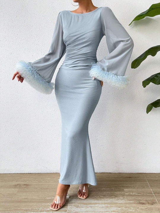 BAE Fuzzy Cuff Trumpet Sleeve Mermaid Hem Dress