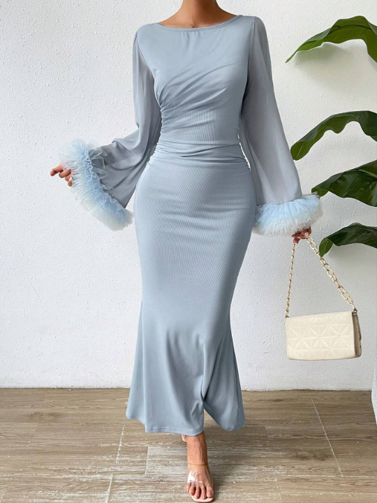 BAE Fuzzy Cuff Trumpet Sleeve Mermaid Hem Dress