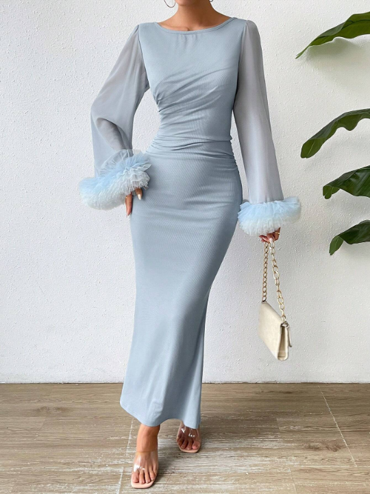 BAE Fuzzy Cuff Trumpet Sleeve Mermaid Hem Dress