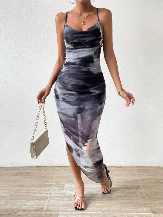 Privé Tie Dye Draped Collar Crisscross Backless Cami Dress