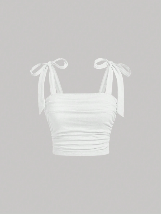 MOD White Bow Summer Solid Tie Shoulder Cami Top