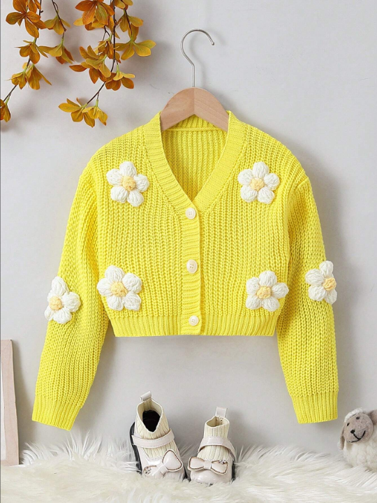 Young Girl Stereo Flower Drop Shoulder Button Front Cardigan