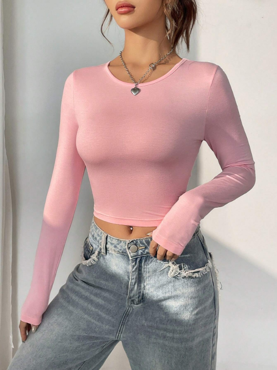 EZwear Solid Round Neck Crop Pink Y2k Tee